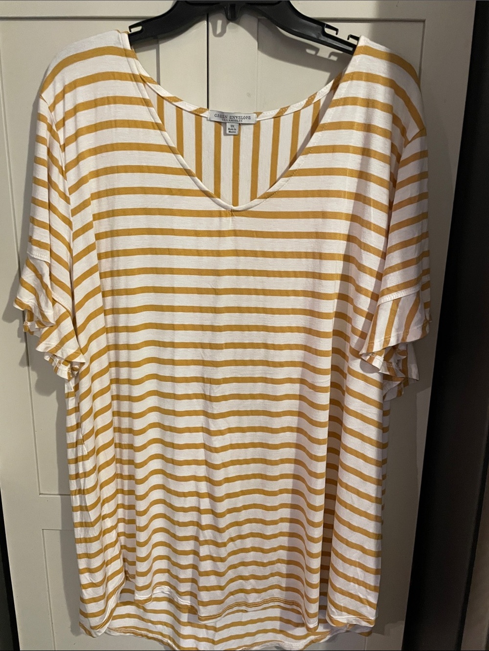 Green Envelope White and Mustard Stripe V-Neck Short Sleeve Tee